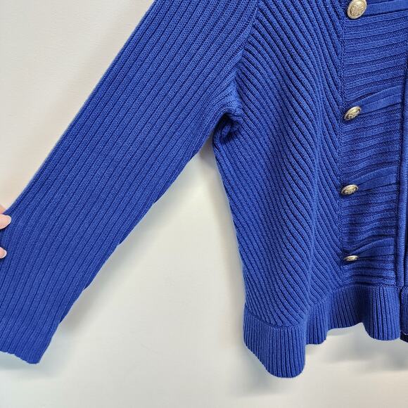 Roamans Gold Button Cardigan Size L 18/20 Ruffle Hem Neck Nautical Coastal Blue - Picture 5 of 11